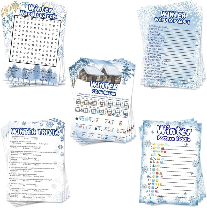 MLOLM 129 Pcs Winter Party Games Card for Family,Frozen Word Search Word Scramble Trivia Game Code Break for Christmas Winter - Image 1